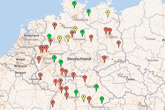 Deutschlandkarte wo die aktuellen Testorte markiert sind.